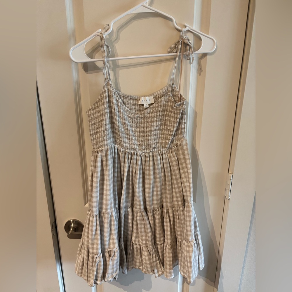 Gingham Tie-Shoulder Sundress in Beige